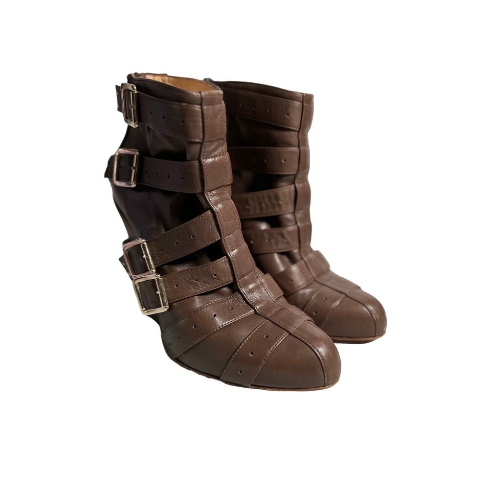 Bionda Castana Rumana Brown Leather Buckle Wedge Ankle Boots Size 38